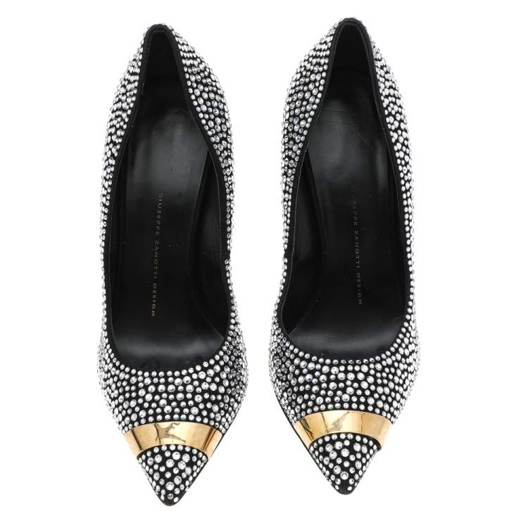 Pre Owned Giuseppe Zanotti Black Crystal Embellished Suede Ester Pointed Toe Pumps Size 38