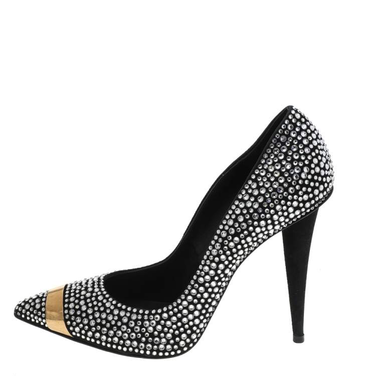 Pre Owned Giuseppe Zanotti Black Crystal Embellished Suede Ester Pointed Toe Pumps Size 38