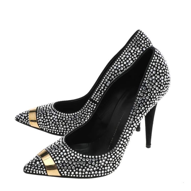 Pre Owned Giuseppe Zanotti Black Crystal Embellished Suede Ester Pointed Toe Pumps Size 38