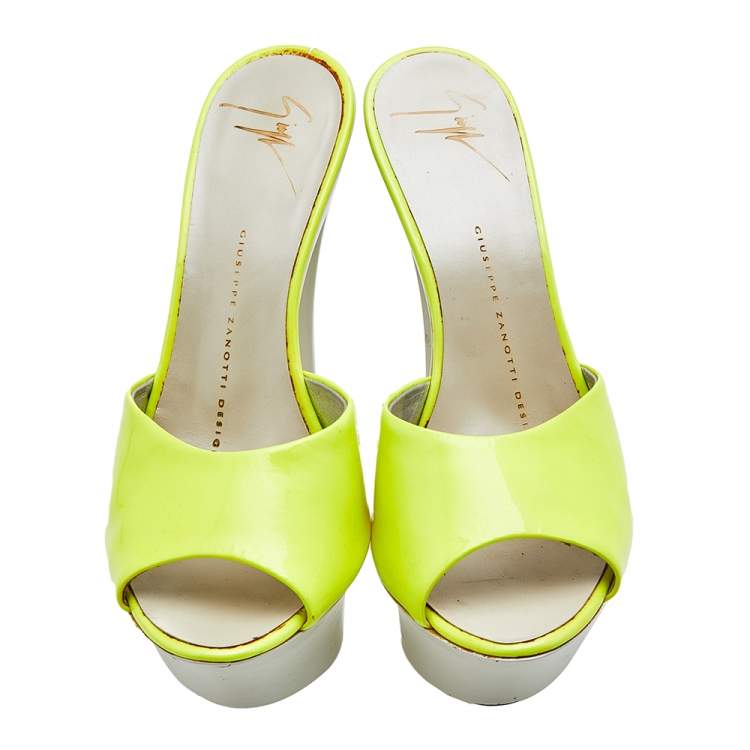 Pre Owned Giuseppe Zanotti Neon Yellow Patent Leather Platform Sandals Size 35