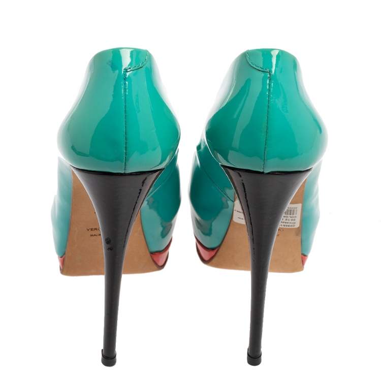 Pre Owned Giuseppe Zanotti Turquoise Patent Leather Peep-Toe Platform Pumps Size 36 