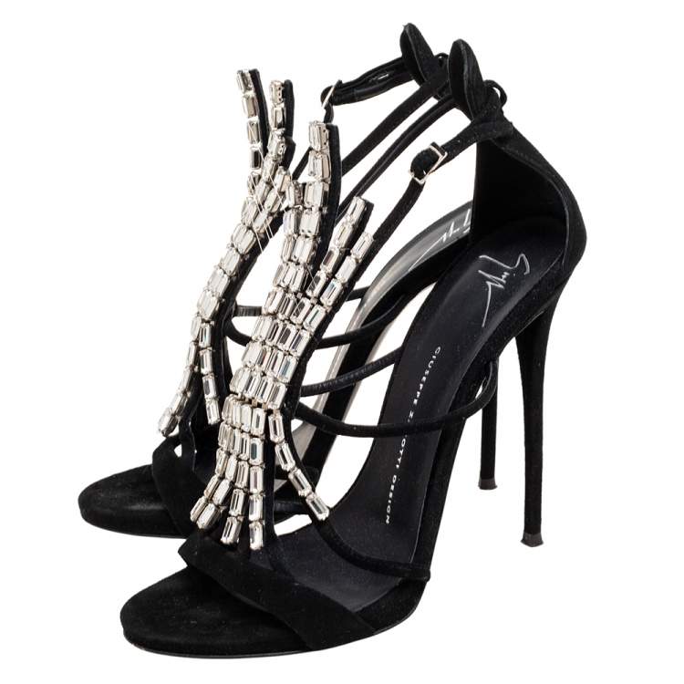 Pre Owned Giuseppe Zanotti Black Suede Crystal Embellished Sandals Size 39