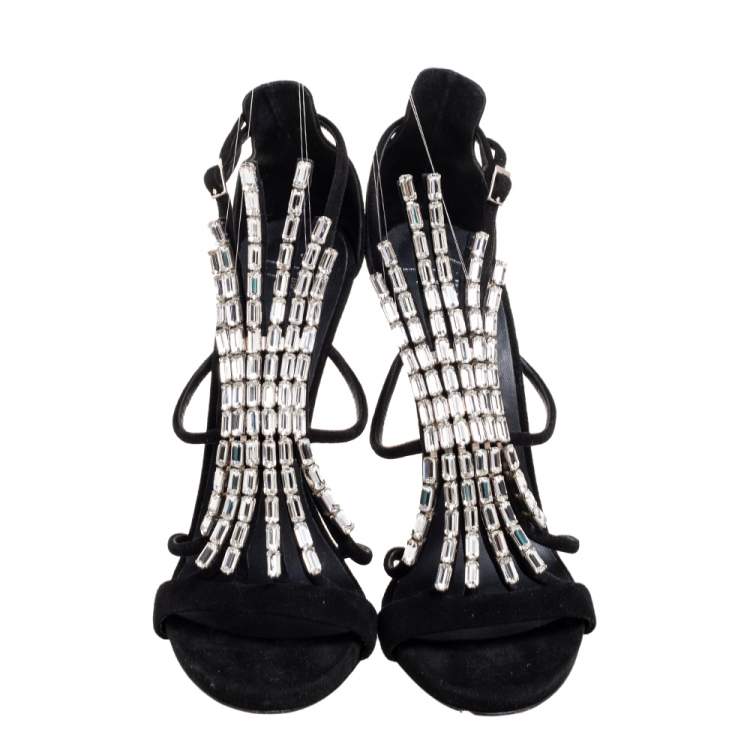 Pre Owned Giuseppe Zanotti Black Suede Crystal Embellished Sandals Size 39