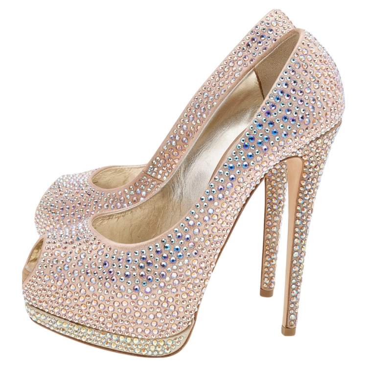 Pre Owned Giuseppe Zanotti Multicolor Leather Crystal Embellished Sharon Peep Toe Platform Pumps Size 37.5