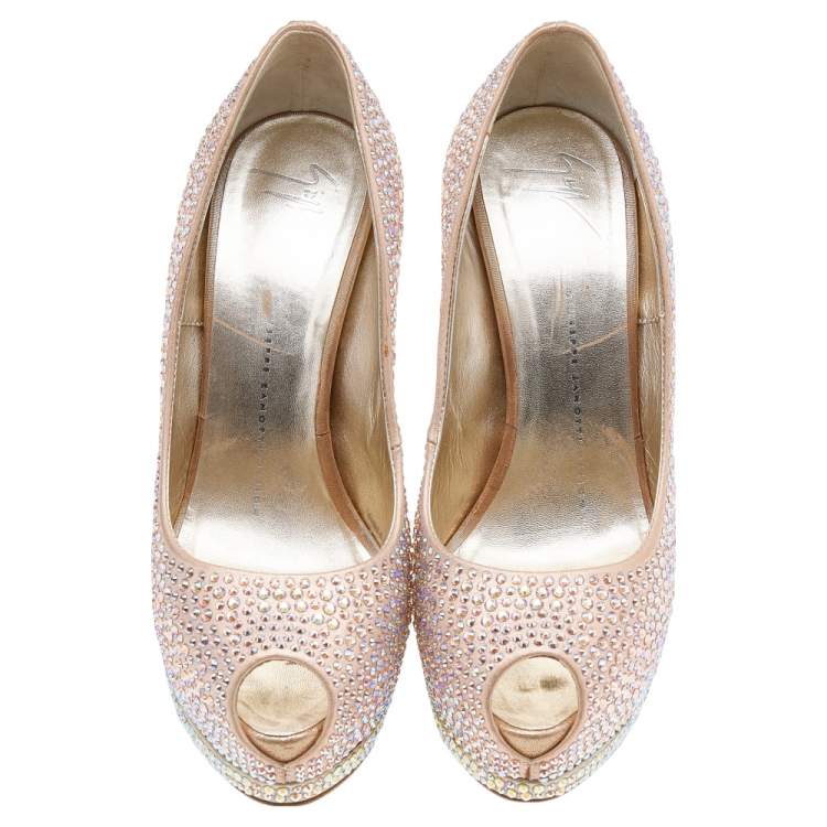 Pre Owned Giuseppe Zanotti Multicolor Leather Crystal Embellished Sharon Peep Toe Platform Pumps Size 37.5