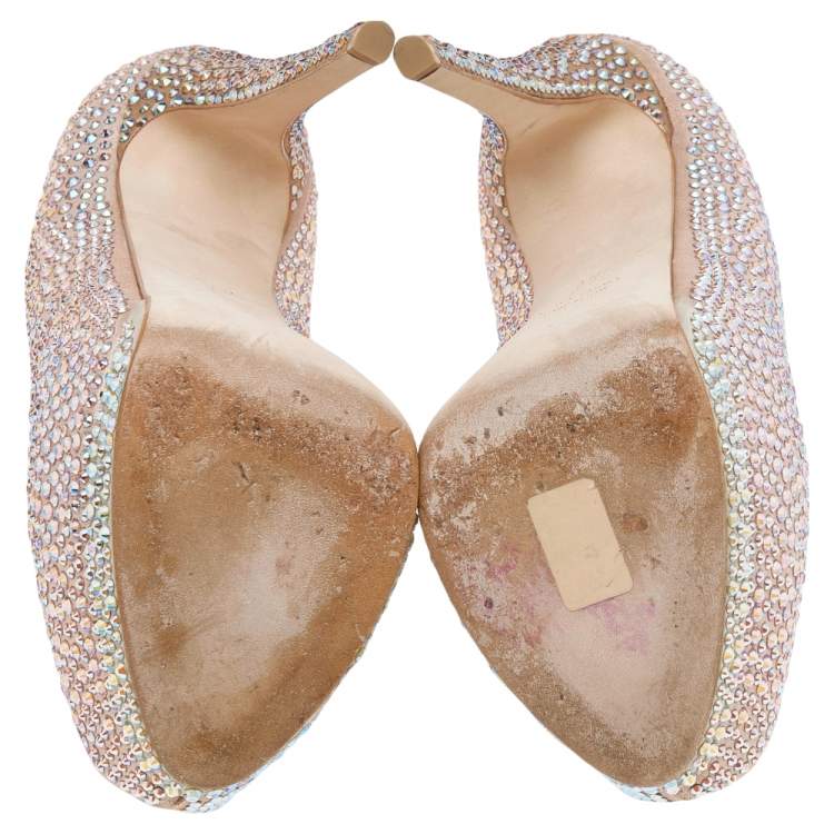 Pre Owned Giuseppe Zanotti Multicolor Leather Crystal Embellished Sharon Peep Toe Platform Pumps Size 37.5