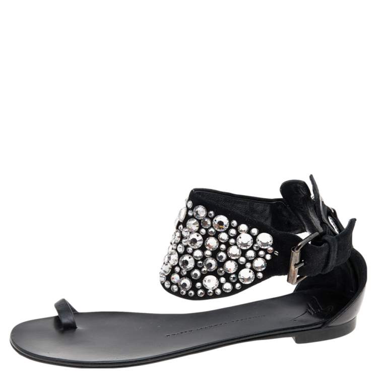 Pre Owned Giuseppe Zanotti Black Satin And Leather Embellished Ankle Wrap Flat Sandals Size 37