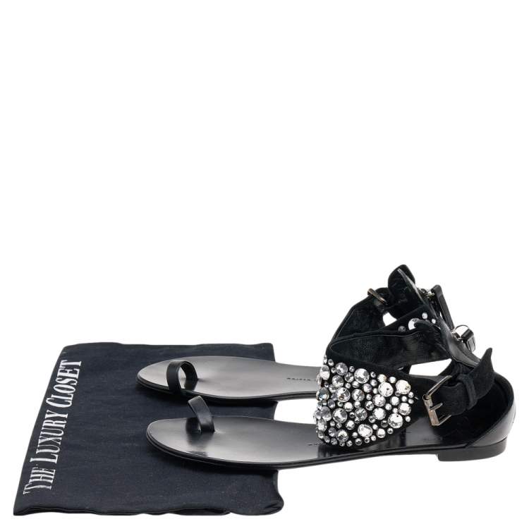 Pre Owned Giuseppe Zanotti Black Satin And Leather Embellished Ankle Wrap Flat Sandals Size 37