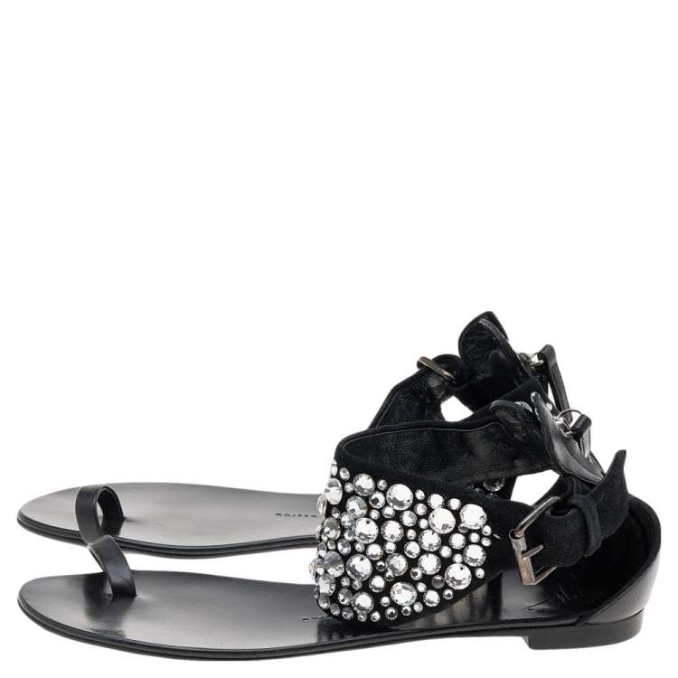 Pre Owned Giuseppe Zanotti Black Satin And Leather Embellished Ankle Wrap Flat Sandals Size 37