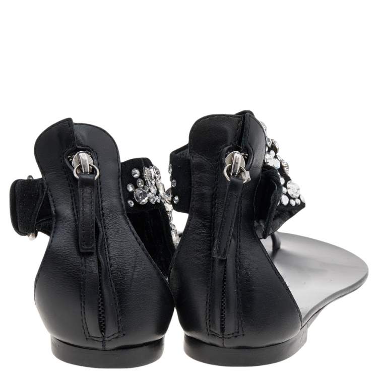 Pre Owned Giuseppe Zanotti Black Satin And Leather Embellished Ankle Wrap Flat Sandals Size 37