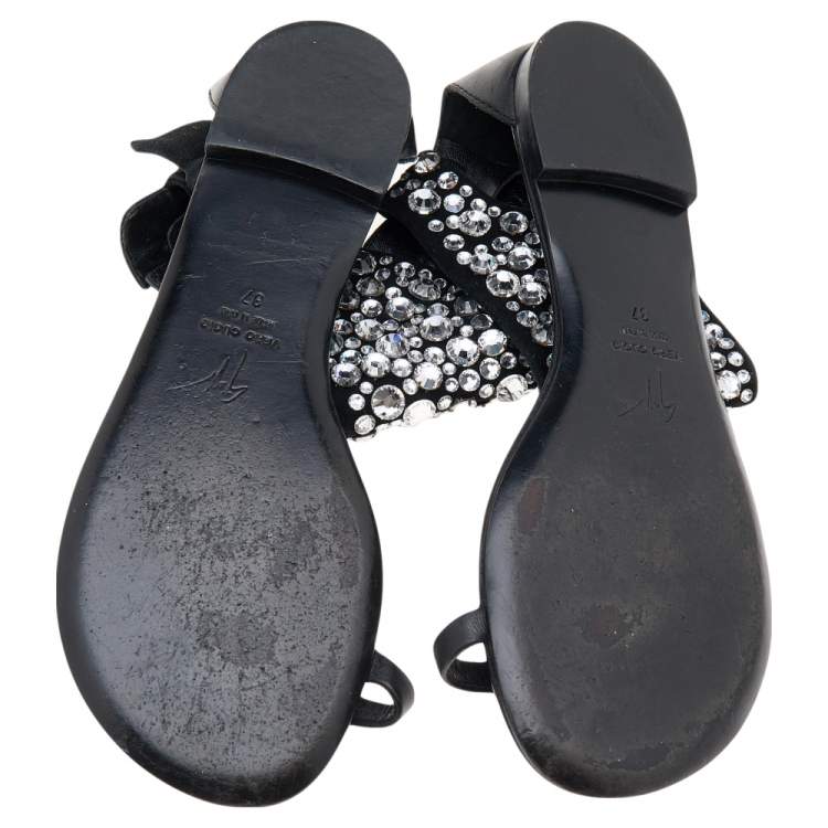 Pre Owned Giuseppe Zanotti Black Satin And Leather Embellished Ankle Wrap Flat Sandals Size 37