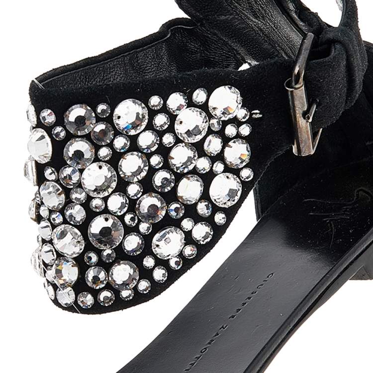 Pre Owned Giuseppe Zanotti Black Satin And Leather Embellished Ankle Wrap Flat Sandals Size 37