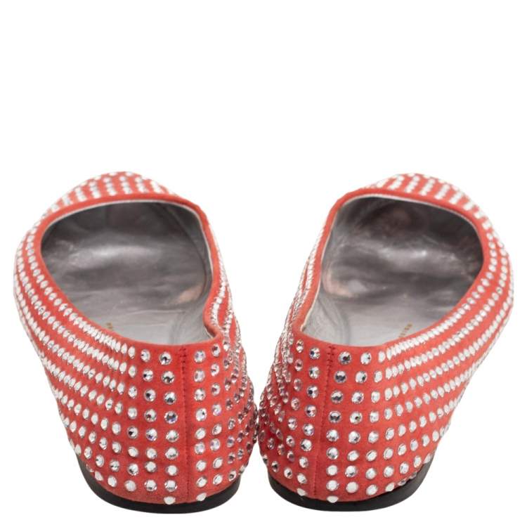 Pre Owned Giuseppe Zanotti Red Suede Crystal Embellished Ballet Flats Size 39 