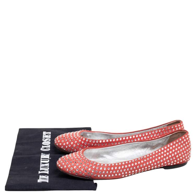 Pre Owned Giuseppe Zanotti Red Suede Crystal Embellished Ballet Flats Size 39 