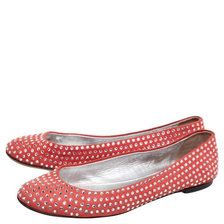 Pre Owned Giuseppe Zanotti Red Suede Crystal Embellished Ballet Flats Size 39 