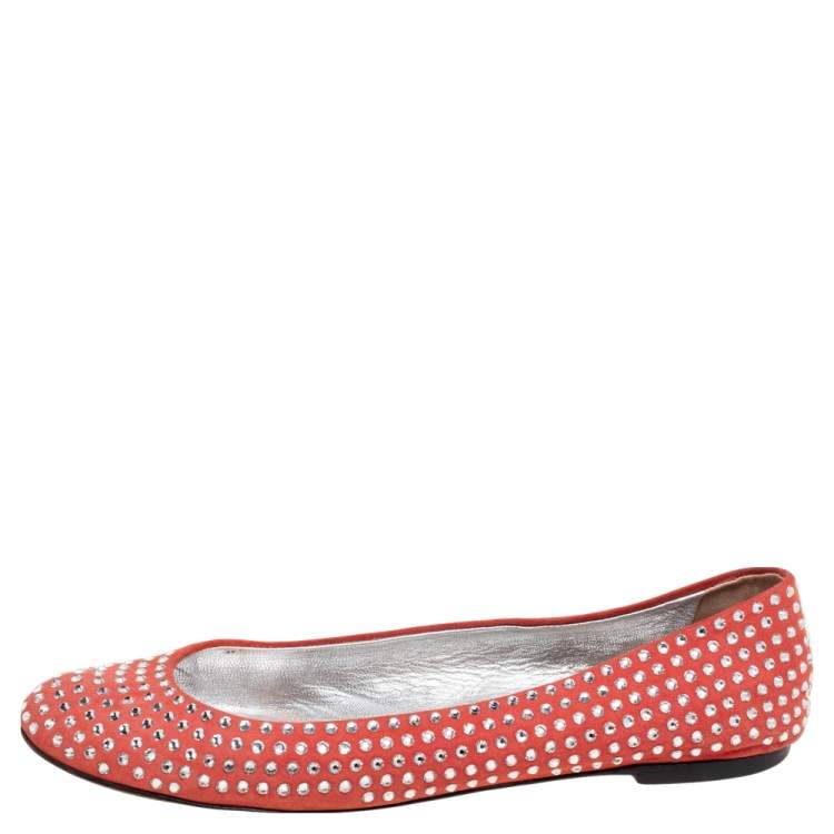Pre Owned Giuseppe Zanotti Red Suede Crystal Embellished Ballet Flats Size 39 