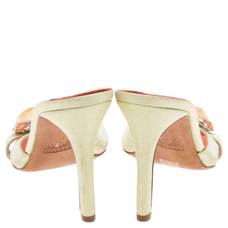 Pre Owned Giuseppe Zanotti Neon Yellow Satin Crystal Embellished Sandals Size 37