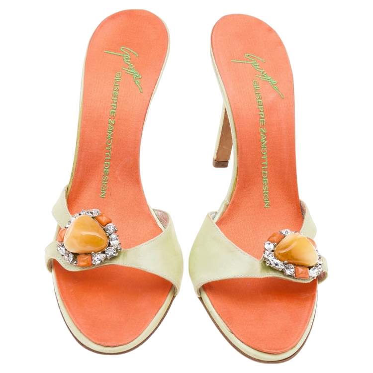 Pre Owned Giuseppe Zanotti Neon Yellow Satin Crystal Embellished Sandals Size 37