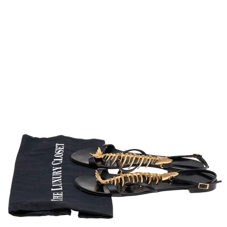 Pre Owned Giuseppe Zanotti Black Leather Fishbone Flat Sandals Size 37.5