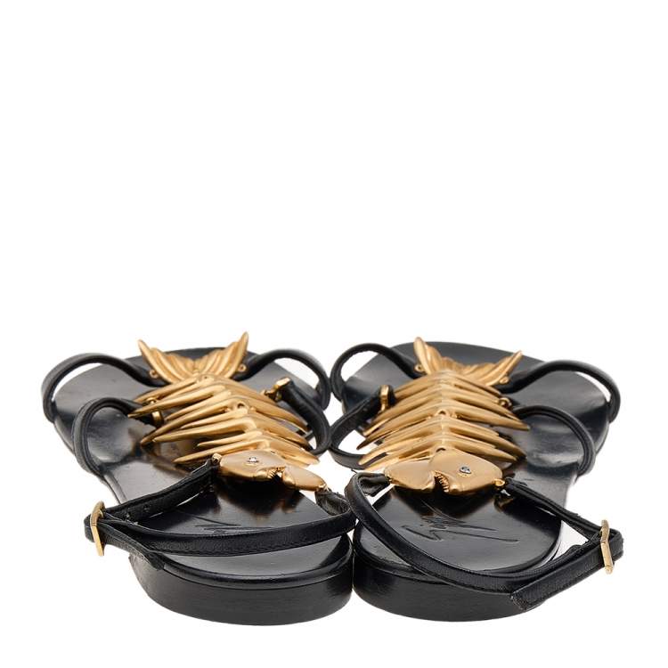 Pre Owned Giuseppe Zanotti Black Leather Fishbone Flat Sandals Size 37.5