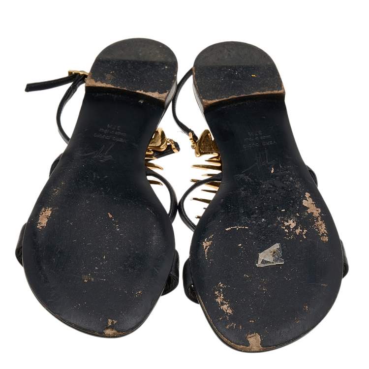 Pre Owned Giuseppe Zanotti Black Leather Fishbone Flat Sandals Size 37.5