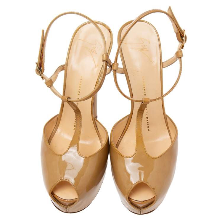 مملوكة مسبقًا Giuseppe Zanotti Mustard Yellow Patent Leather Peep-Toe T-Bar Ankle-Strap Sandals Size 38