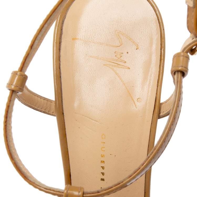 مملوكة مسبقًا Giuseppe Zanotti Mustard Yellow Patent Leather Peep-Toe T-Bar Ankle-Strap Sandals Size 38