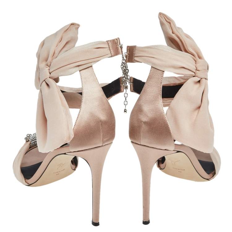 Pre Owned Giuseppe Zanotti Beige Satin Bow Ankle Strap Sandals Size 42