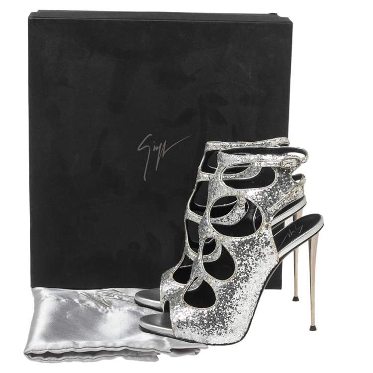 Pre Owned Giuseppe Zanotti Silver Glitter Cut Out Ankle Sandals Size 37
