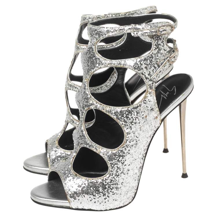 Pre Owned Giuseppe Zanotti Silver Glitter Cut Out Ankle Sandals Size 37