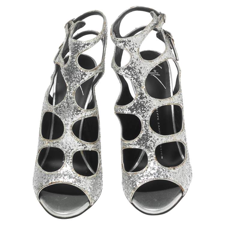 Pre Owned Giuseppe Zanotti Silver Glitter Cut Out Ankle Sandals Size 37