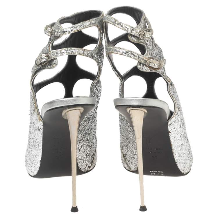 Pre Owned Giuseppe Zanotti Silver Glitter Cut Out Ankle Sandals Size 37