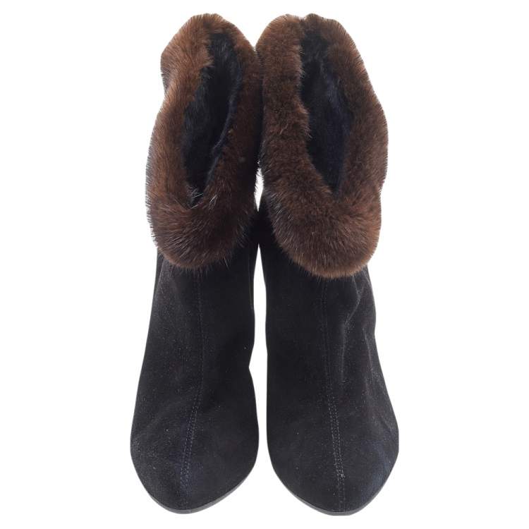 Pre Owned Giuseppe Zanotti Black Suede And Fur Trimmed Ankle Boots Size 38.5