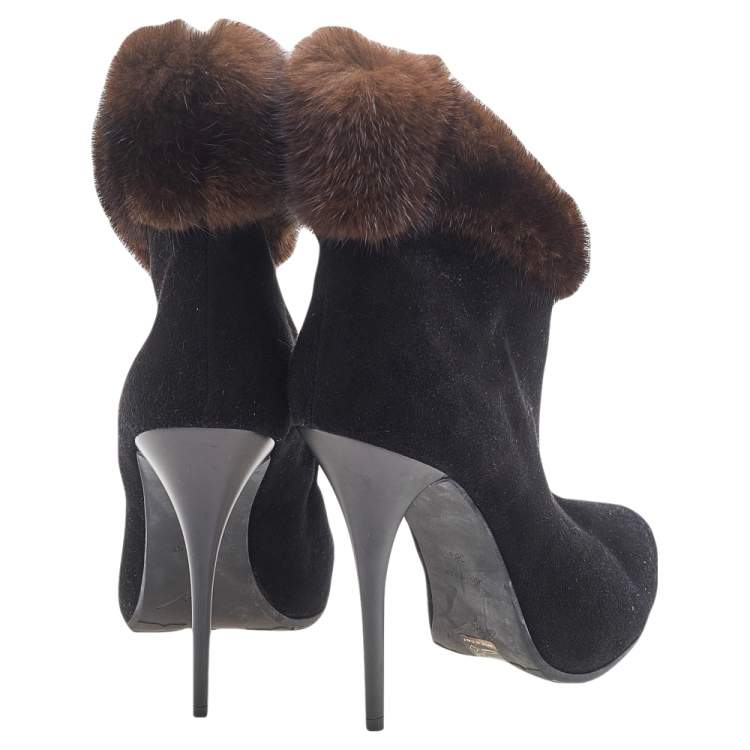 Pre Owned Giuseppe Zanotti Black Suede And Fur Trimmed Ankle Boots Size 38.5
