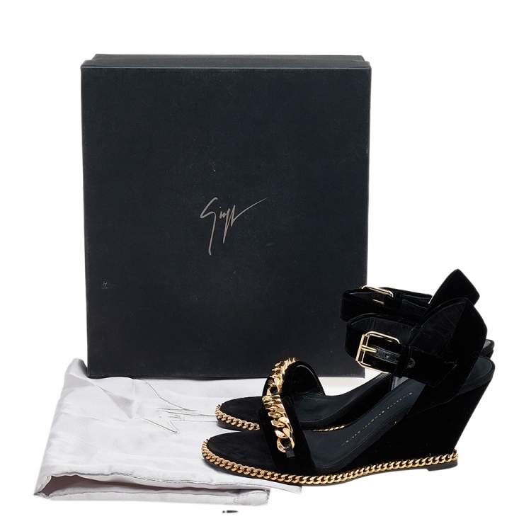 Pre Owned Giuseppe Zanotti Black Velvet Chain Detail Wedge Sandals Size 38