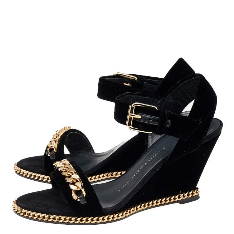 Pre Owned Giuseppe Zanotti Black Velvet Chain Detail Wedge Sandals Size 38