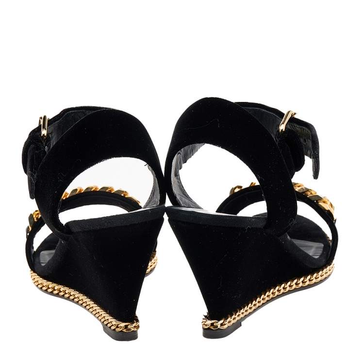 Pre Owned Giuseppe Zanotti Black Velvet Chain Detail Wedge Sandals Size 38