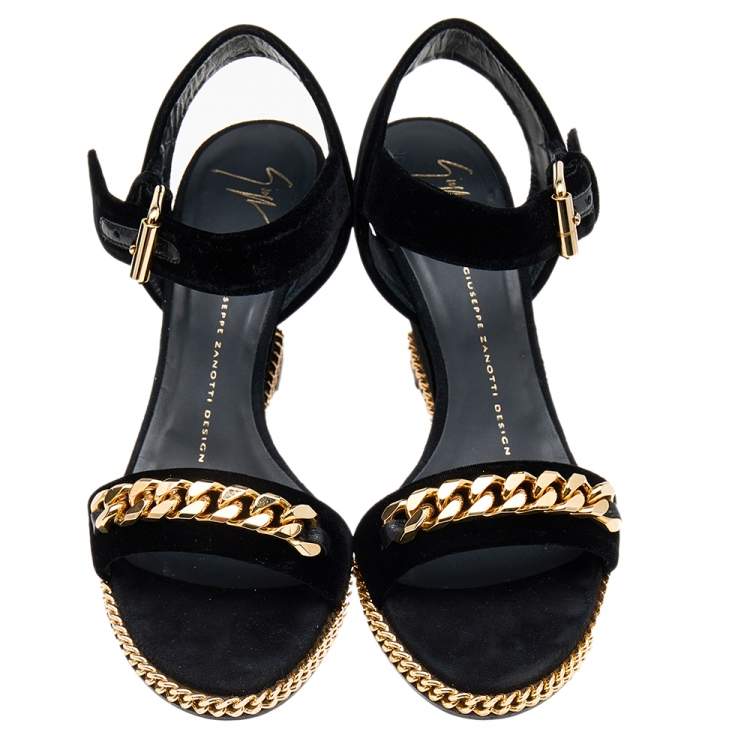 Pre Owned Giuseppe Zanotti Black Velvet Chain Detail Wedge Sandals Size 38