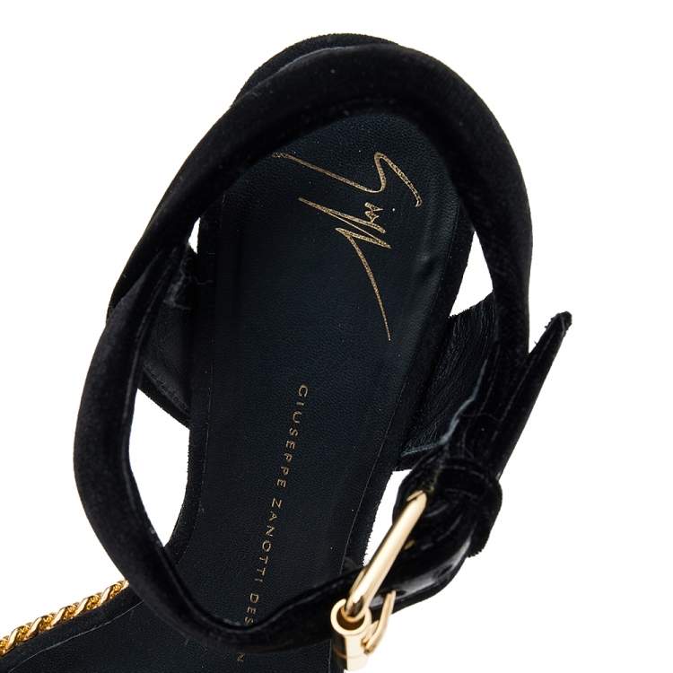 Pre Owned Giuseppe Zanotti Black Velvet Chain Detail Wedge Sandals Size 38