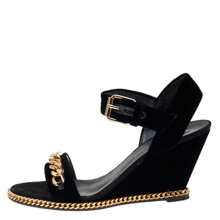Pre Owned Giuseppe Zanotti Black Velvet Chain Detail Wedge Sandals Size 38