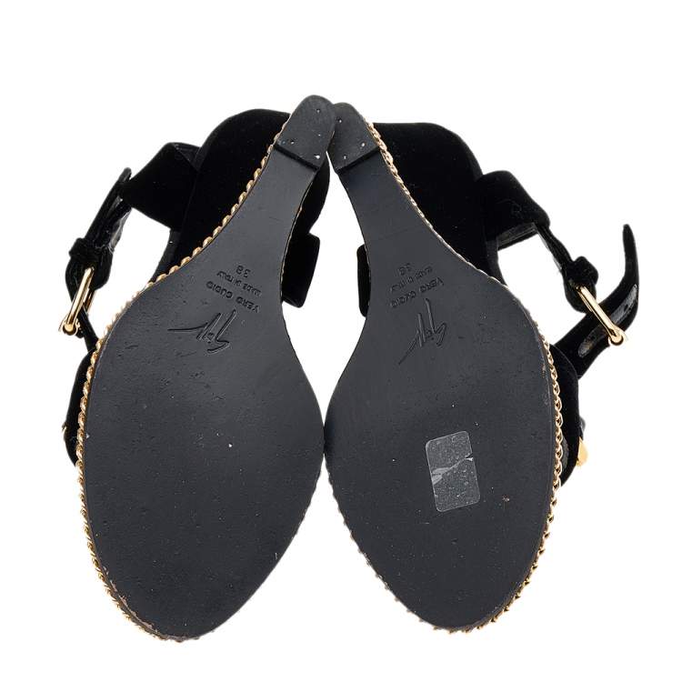 Pre Owned Giuseppe Zanotti Black Velvet Chain Detail Wedge Sandals Size 38