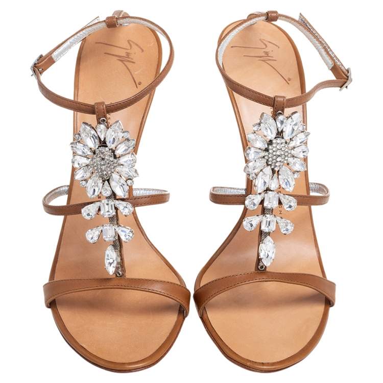 Pre Owned Giuseppe Zanotti Brown Leather Crystal Embellished Ankle Strap Sandals Size 40