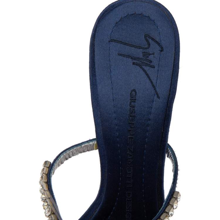 مملوكة مسبقًا Giuseppe Zanotti Navy Blue Satin Crystal Embellished Platform Slide Sandals Size 37