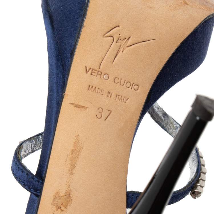 مملوكة مسبقًا Giuseppe Zanotti Navy Blue Satin Crystal Embellished Platform Slide Sandals Size 37