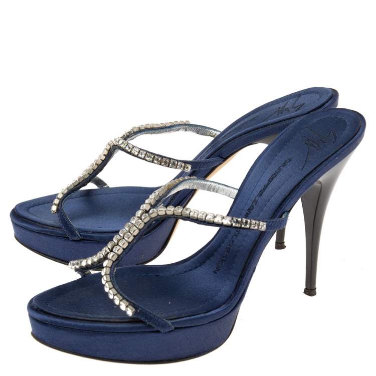 مملوكة مسبقًا Giuseppe Zanotti Navy Blue Satin Crystal Embellished Platform Slide Sandals Size 37