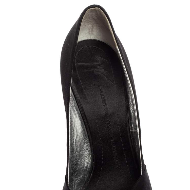 Pre Owned Giuseppe Zanotti Black Knotted Satin Peep-Toe Sculpted Wedge Pumps Size 38.5 
