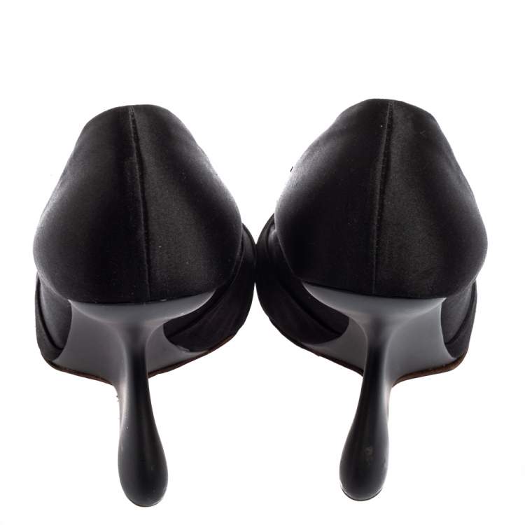 Pre Owned Giuseppe Zanotti Black Knotted Satin Peep-Toe Sculpted Wedge Pumps Size 38.5 