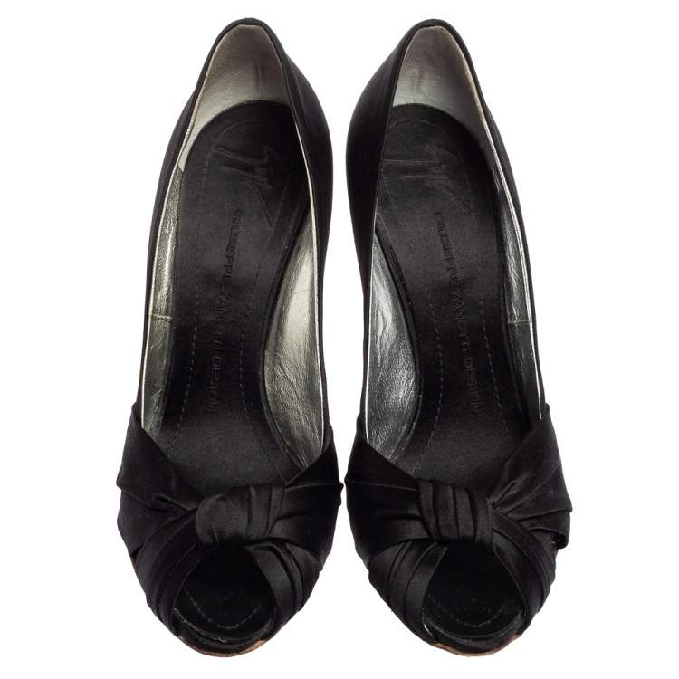 Pre Owned Giuseppe Zanotti Black Knotted Satin Peep-Toe Sculpted Wedge Pumps Size 38.5 