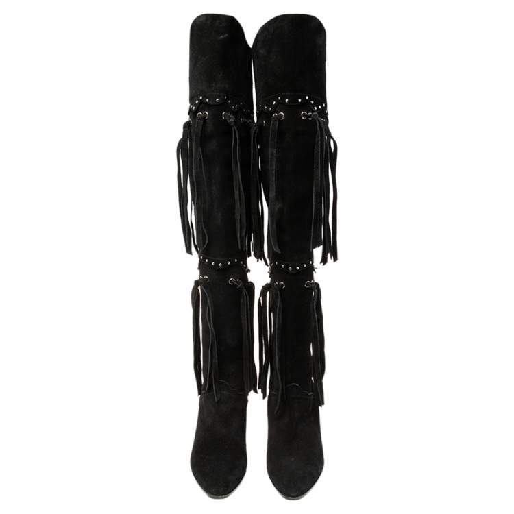 Pre Owned Giuseppe Zanotti Black Suede Lace Up Cowboy Over The Knee Boots Size 39.5