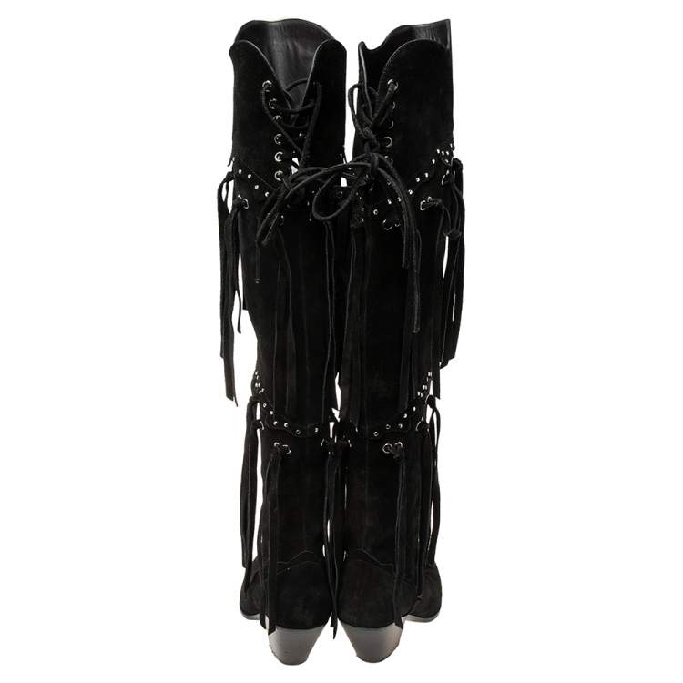 Pre Owned Giuseppe Zanotti Black Suede Lace Up Cowboy Over The Knee Boots Size 39.5